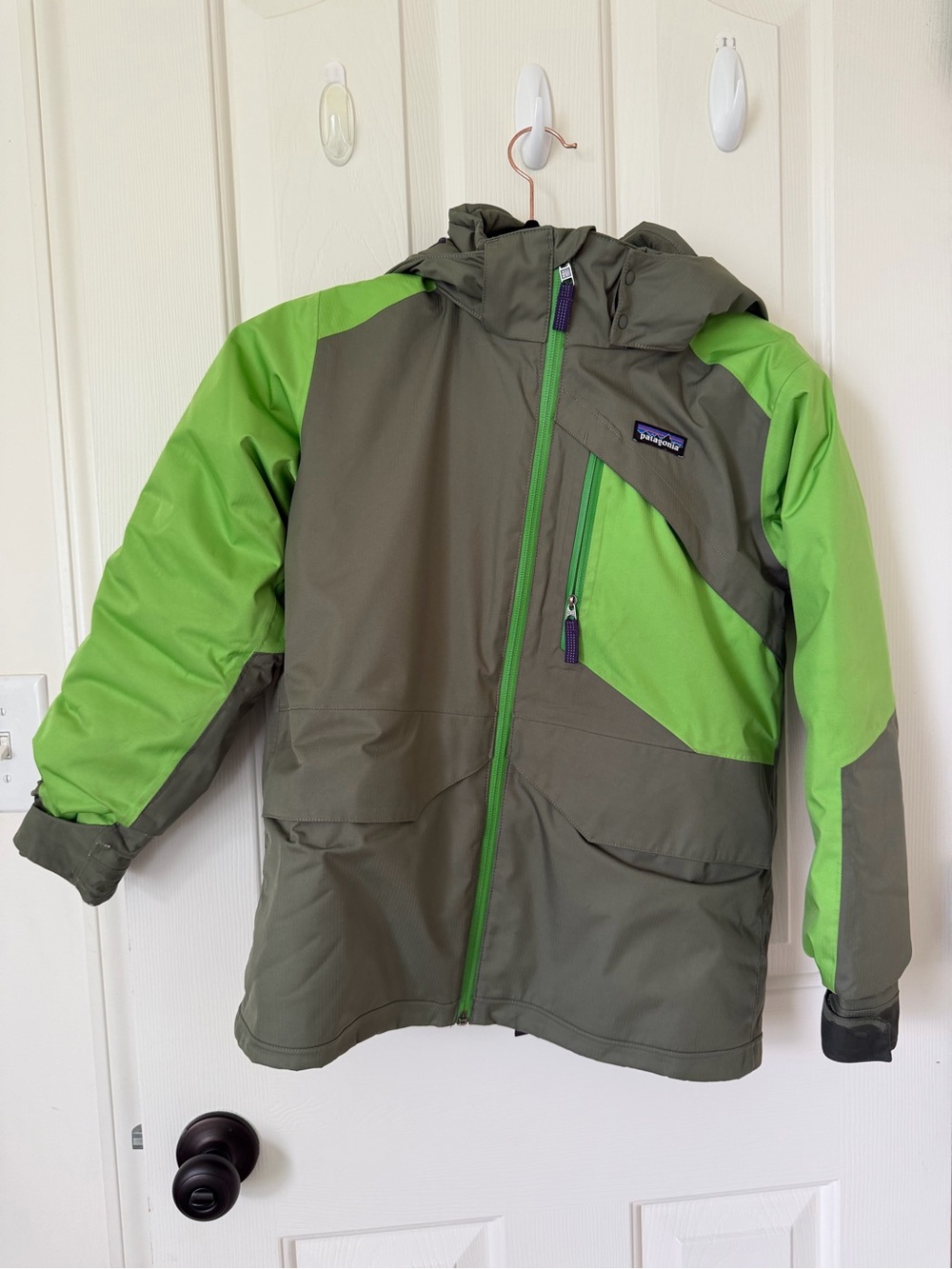 Patagonia Kids Olive and Lime Green Hooded Winter Coat